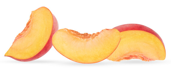 close-up photograph featuring three ripe, succulent wedges of peach fruit, displaying vibrant yellow, orange, and red hues, isolated against a pure transparent background.