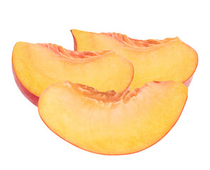 close-up photograph featuring three plump, curving wedges of ripe peach fruit, displaying vibrant yellow and orange colors, isolated against black.