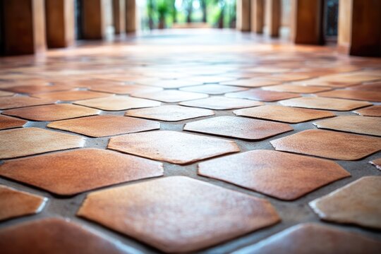 Rustic diamond-shaped terracotta tiles pave a long, inviting hallway floor, leading into a softly blurred, verdant architectural space.