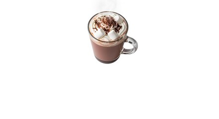 A hot, sweet cappuccino with milk, cream, and chocolate in a white mug is isolated next to brown coffee beans