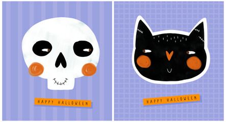 Set of Halloween Vector Cards with Cartoon Skull And Cat On a Violet Background. Childish Style Illustration Of Smiling Human Skull And Black Kitty Head With Expressive Eyes. Happy Halloween. 
