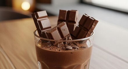 Delicious hot chocolate in a glass with marshmallows and a piece of sweet dark chocolate bar