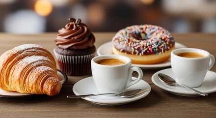 A cup of hot black coffee with a croissant on a white plate for breakfast