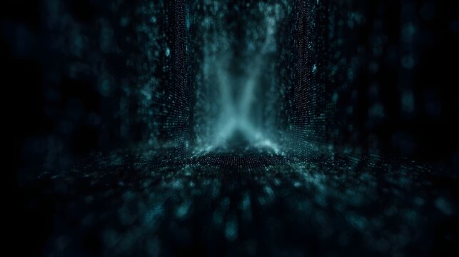 Abstract digital tunnel formed by glowing blue particles and lines creating a futuristic and mysterious atmosphere