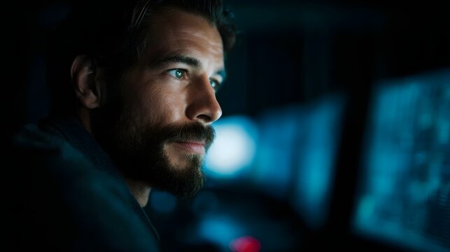Focused man in a dark control room monitoring data on glowing computer screens with blue lighting