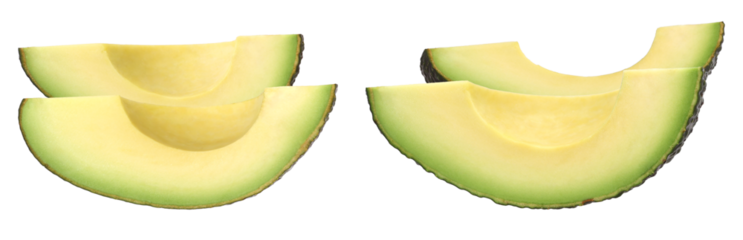 appetizing photograph showcasing multiple large, creamy slices of ripe avocado arranged densely, isolated clearly on a contrasting transparent background for design elements.