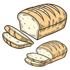 Two whole loaves of bread and three sliced pieces loaf