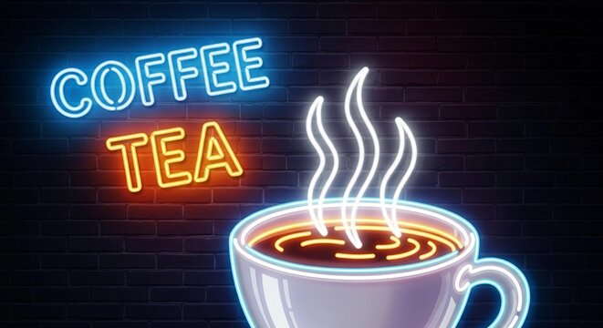 Neon sign advertising coffee and tea with a steaming cup of coffee.