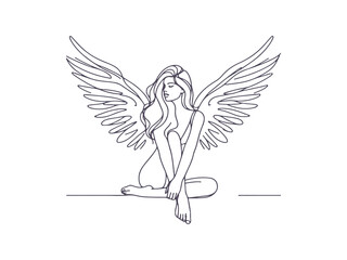 Minimalist Line Art Angel Woman with Wings: Divine Beauty, Freedom, and Celestial Spirit
