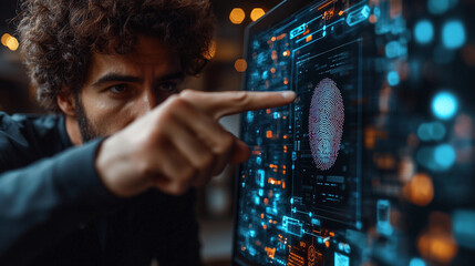 Man points at laptop screen displaying digital fingerprint Generative AI
