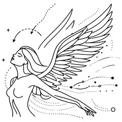 Minimalist Line Art Angel Woman with Wings: Divine Beauty, Freedom, and Celestial Spirit