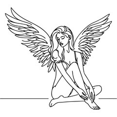 Minimalist Line Art Angel Woman with Wings: Divine Beauty, Freedom, and Celestial Spirit