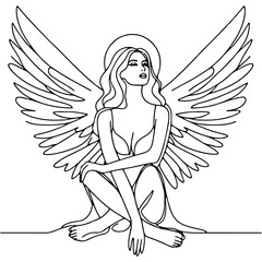 Minimalist Line Art Angel Woman with Wings: Divine Beauty, Freedom, and Celestial Spirit
