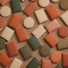 Fototapeta premium Flat Lay of Glossy Ceramic Tiles: Earth Tone Collage with Geometric Shapes