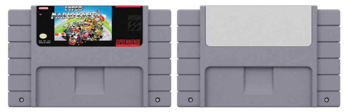 Super Nintendo Cartridge SNES retro game mockup Mario Kart