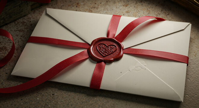 Elegant white envelope sealed with red wax and ribbon  