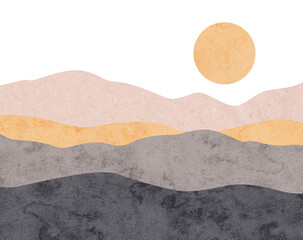 Minimalist abstract landscape collage with sun and layered mountains in warm beige, gray, and orange tones. Digital watercolor and paper texture background. 