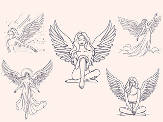 Minimalist Line Art Angel Woman with Wings: Divine Beauty, Freedom, and Celestial Spirit