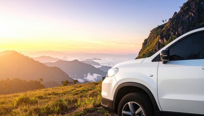 White Suv on Mountain Peak Overlooking Valley at Sunset Scenery View Car Parked on Hill with Mountainscape Backdrop Golden Hour Sunlight