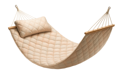 A quilted hammock with a built-in pillow, perfect for relaxing in a sunroom.