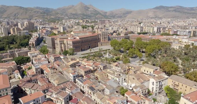 Aerial view of the Palazzo dei Normanni, also known as Royal Palace. It is located in the historic center of Palermo, Sicily, Italy. It is one of the city's most visited monuments and a Heritage Site.