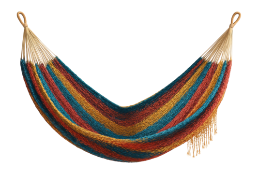 A handwoven Mexican hammock perfect for a tropical backyard setting. - Powered by Adobe