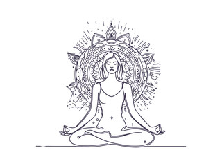 Minimalist Line Art of Woman Meditating in Lotus Pose - Yoga, Mindfulness, and Spiritual Balance Illustration