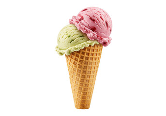 Isolated Ice cream cone with two scoops of green and pink, sweet treat on a hot summer day