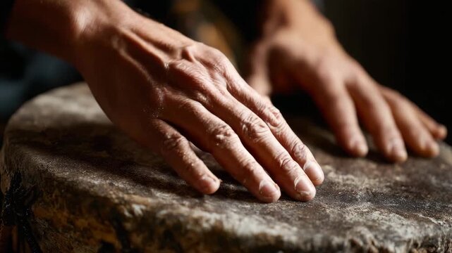 A close-up shot of hands gently resting on a textured drum, capturing the anticipation and artistry involved in creating rhythmic music during an engaging performance.