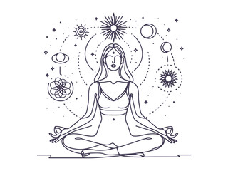 Minimalist Line Art of Woman Meditating in Lotus Pose - Yoga, Mindfulness, and Spiritual Balance Illustration
