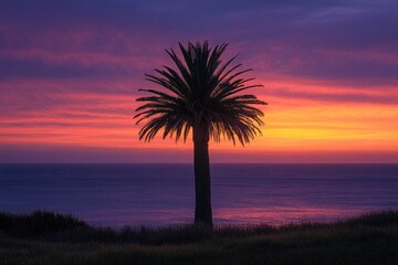 Obraz premium A lone palm tree stands silhouetted against a breathtaking sunset over the ocean. Vibrant hues of purple, pink, orange, and yellow paint the sky.