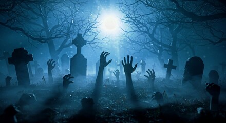 spooky halloween night, Zombie hand reaching out from the ground on dark scene background. Spooky graveyard with fog and eerie atmosphere.