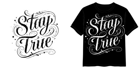 "Flow State" print  in Tattoo Script style, isolated vector image, two design options for the inscription on a transparent background and on a T-shirt mockup background