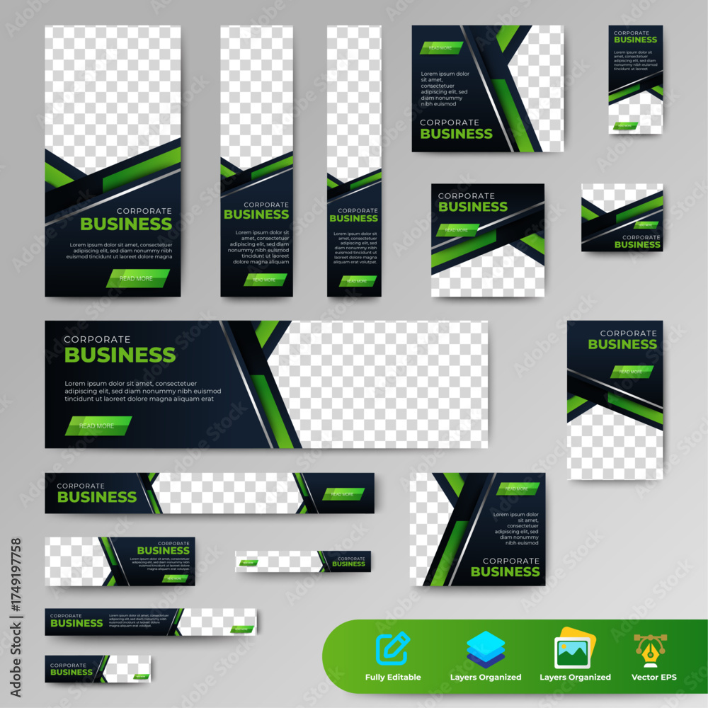Poster business web banner set template design with different format sizes. black and green. vector