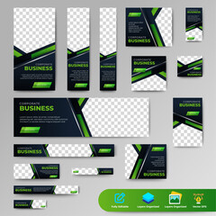 Business web banner set template design with different format sizes. Black and green. vector