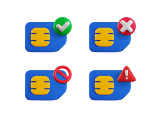 Vector cartoon 3d Sim card icon set. Minimal realistic 3d render accepted, blocked, No simcard sign with prohibited red circle, warning notification sign with exclamation mark. Gsm network collection.