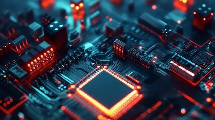 Circuit board with glowing microchip processing data - Powered by Adobe