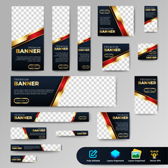 Web banner template design set layout. Black and gold advertising banner set design template. vector
