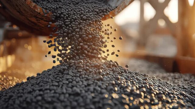 Black plastic raw material pellets pouring from industrial chute for manufacturing process warm