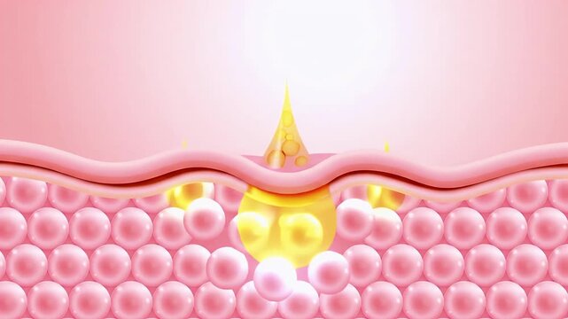 Essence drops absorbed on skin, deep cell melanin disappears, cells rejuvenate, facial spots and wrinkles disappear, anti-aging, laser beauty, concept skin care beauty. Cosmetic ads, 3D animation.