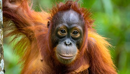 Naklejka premium Close-up of a juvenile orangutan, its reddish fur and curious eyes capturing attention. The animal clings to a tree, hinting at a rainforest habitat
