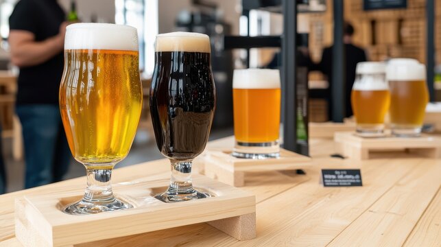 Craft Beer Flight Tasting: Variety of Beers in Glasses on Wooden Tray at Brewery, Featuring Light Lager, Dark Stout, and Amber Ale, Modern Interior - Powered by Adobe