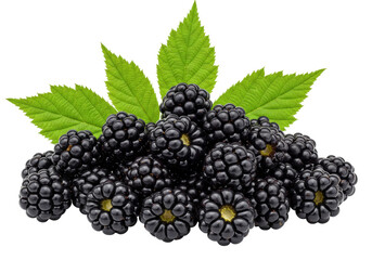 Isolated pile of juicy blackberries with green leaves in group, healthy sweet eating food