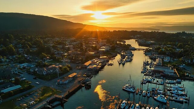 Coastal town marina with boats at sunrise