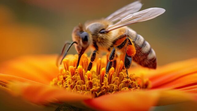 Bee collecting pollen and nectar on orange flower close up insect macro nature shot