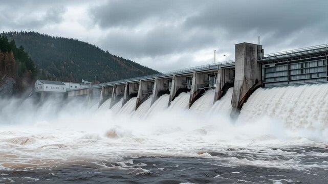 Hydroelectric dam spillway releasing water with mist over river floodgate and forested hills cloudy