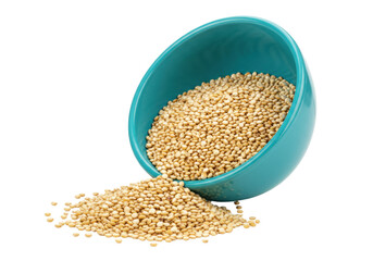 Isolated turquoise bowl of quinoa spilling over onto surface, healthy grain, seed food