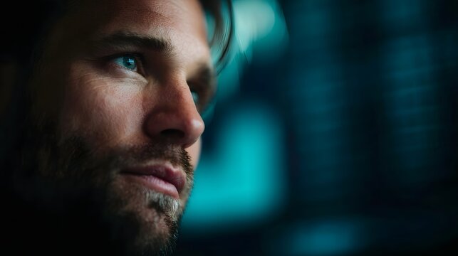Close up portrait of a thoughtful man with intense blue eyes looking into a digitally illuminated abstract background