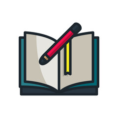 Open Book With Red Pen and Yellow Bookmark on White Background Stylized Pixel Art Illustration