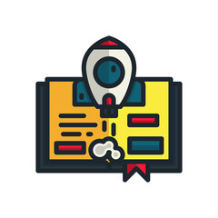 Open Book With Rocket Launching On Top Representing Online Education And Expansion With A Yellow Background And Red Accent Ribbon Detail